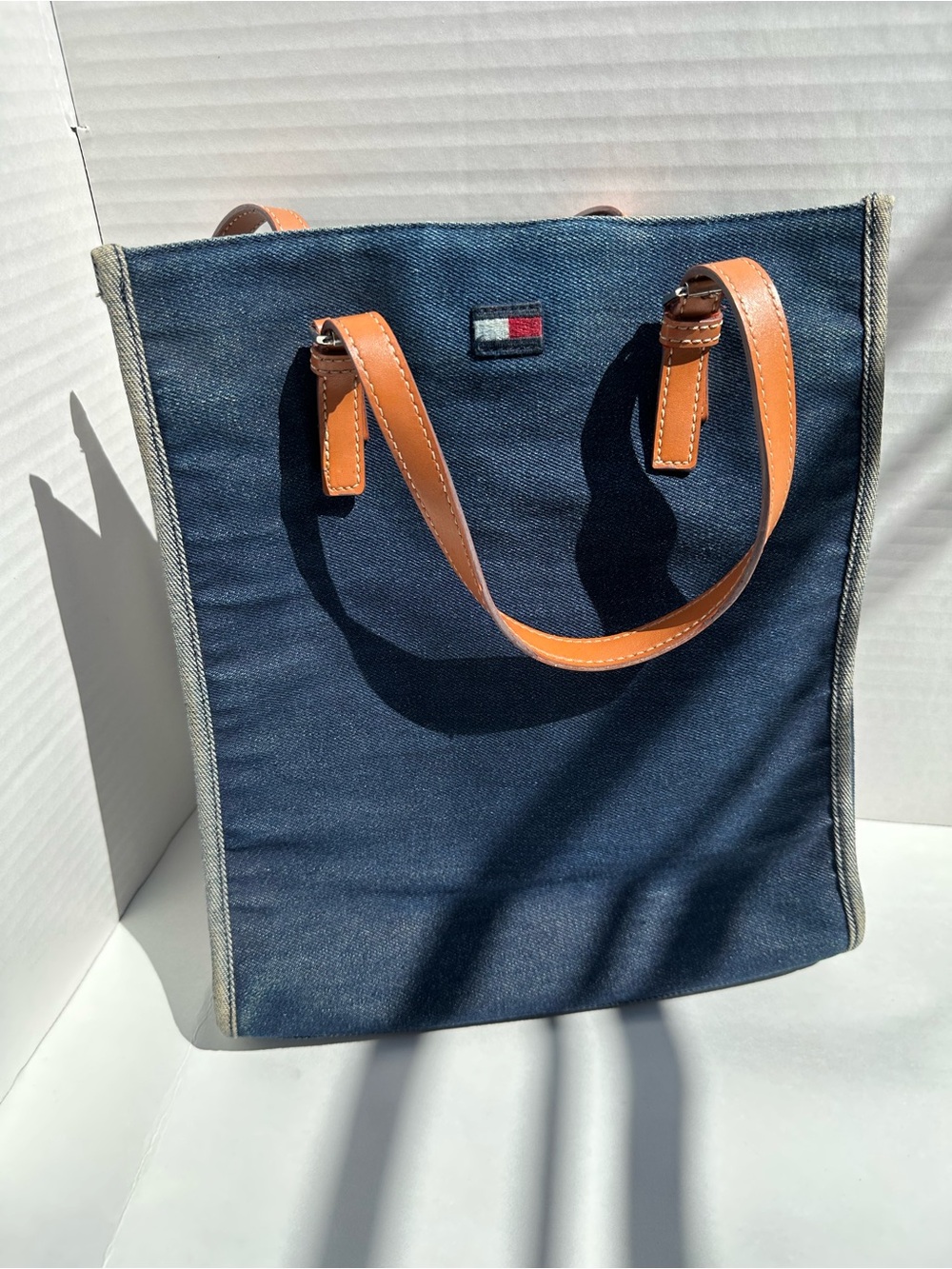 Tommy Hilfiger Denim Tote Bag Blue with Tan Straps Logo Patch Casual Shopper